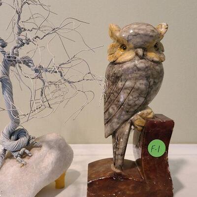 F1 Alabaster Owl Bookend & Sculpted Metal Tree On Quartz Base
