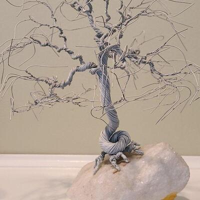 F1 Alabaster Owl Bookend & Sculpted Metal Tree On Quartz Base