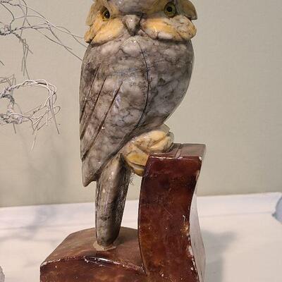F1 Alabaster Owl Bookend & Sculpted Metal Tree On Quartz Base