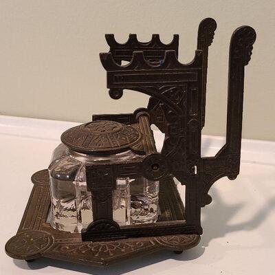 F3: Antique Cast Iron Inkwell Glass Ink Pot w Pen Holder Eastlake