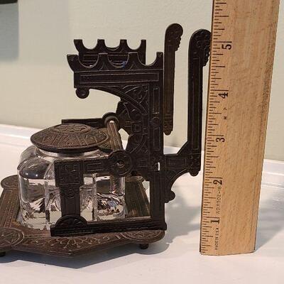 F3: Antique Cast Iron Inkwell Glass Ink Pot w Pen Holder Eastlake