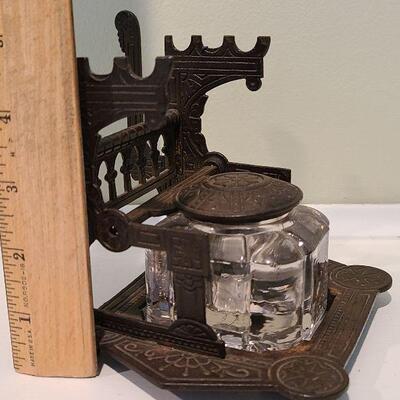F3: Antique Cast Iron Inkwell Glass Ink Pot w Pen Holder Eastlake