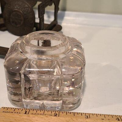 F3: Antique Cast Iron Inkwell Glass Ink Pot w Pen Holder Eastlake