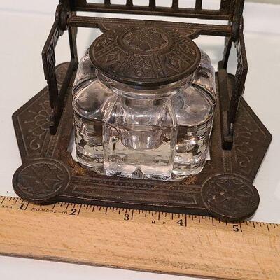 F3: Antique Cast Iron Inkwell Glass Ink Pot w Pen Holder Eastlake