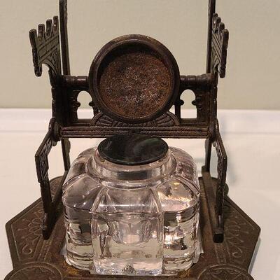 F3: Antique Cast Iron Inkwell Glass Ink Pot w Pen Holder Eastlake