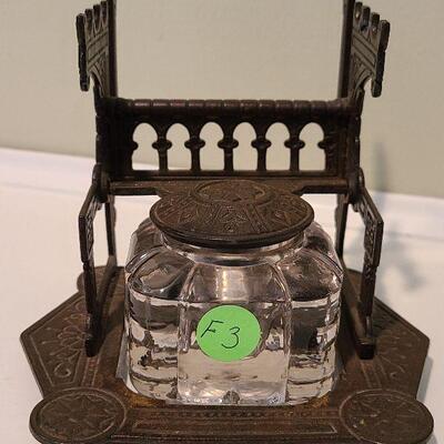 F3: Antique Cast Iron Inkwell Glass Ink Pot w Pen Holder Eastlake