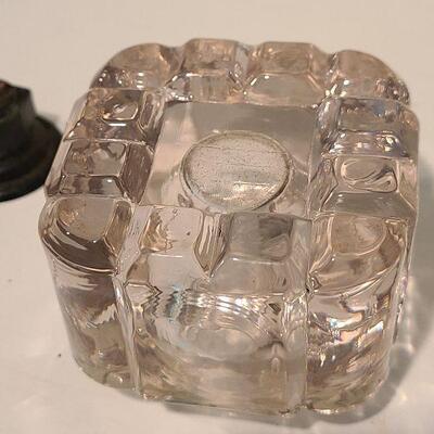 F3: Antique Cast Iron Inkwell Glass Ink Pot w Pen Holder Eastlake