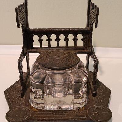 F3: Antique Cast Iron Inkwell Glass Ink Pot w Pen Holder Eastlake
