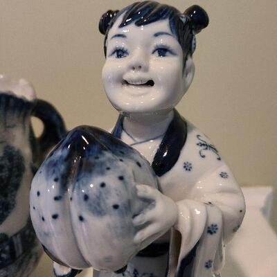 F12: JUWC 1897 Hand Painted Blue and White Footed Turrene and Figurine