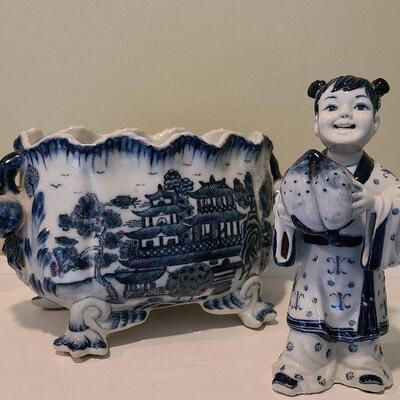 F12: JUWC 1897 Hand Painted Blue and White Footed Turrene and Figurine