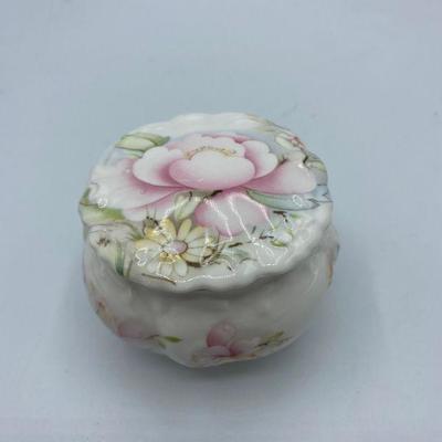 Lidded Porcelain Trinket Dish Pink Flowers