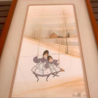 Vintage 1982 P Buckley Moss - TWO ON A SWING - limited ed., signed, framed, 18