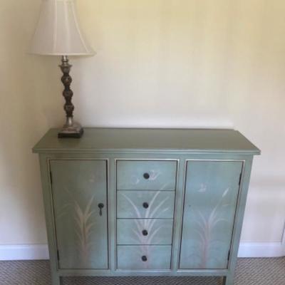 117: Floral Designed Teal Credenza  with Lamp 