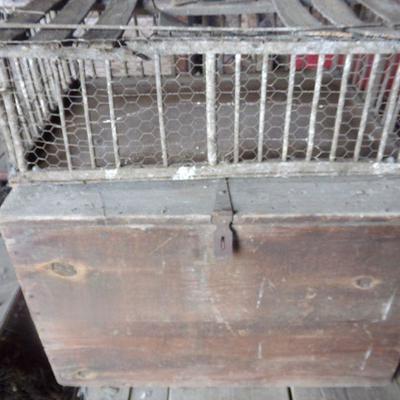 BB-21  VINTAGE CHICKEN CAGE AND LARGE WOODEN TRUNK