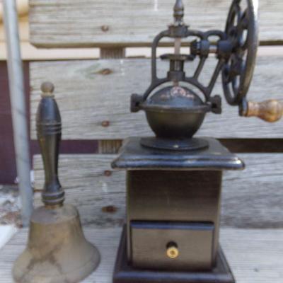 LOT 210  COFFEE GRINDER & BRASS BELL