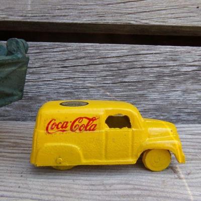 LOT 212  CAST IRON TOY DUMP TRUCK AND COCA COLA VEHICLE