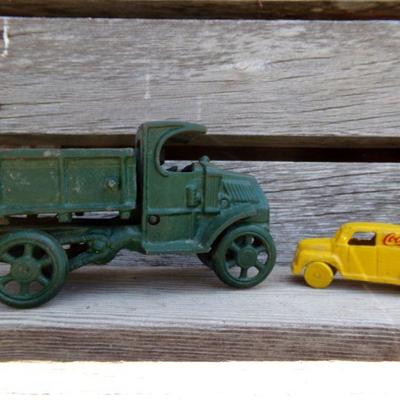 LOT 212  CAST IRON TOY DUMP TRUCK AND COCA COLA VEHICLE