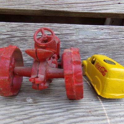LOT 213  CAST IRON TRACTOR AND COCA COLA VEHICLE