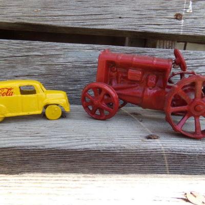 LOT 213  CAST IRON TRACTOR AND COCA COLA VEHICLE