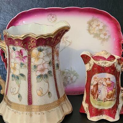 G13: Lot Of Hand Painted Decorative Pitchers & Tray.