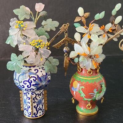 G14: Set of Two Mini Cloisonne Vases with Jade & Agate Flowers
