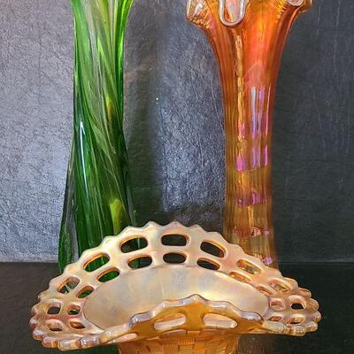 G19: Peach & Green Carnival Glass Vases & Candy Dish