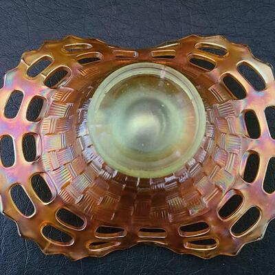 G19: Peach & Green Carnival Glass Vases & Candy Dish