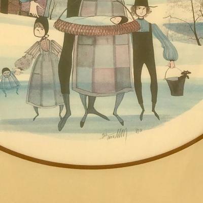 Vintage Limited Edition Framed Print 966/1000 by P. Buckley Moss family of 5 with black cat in bucket and doll 26