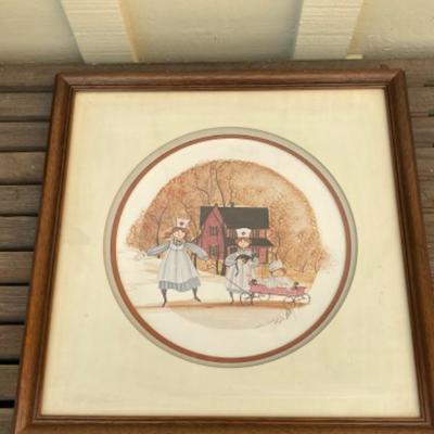 1985 Two Nurses with their patient in a red wagon and lots of black cats -  framed by P. Buckley Moss, limited and signed #108/1000