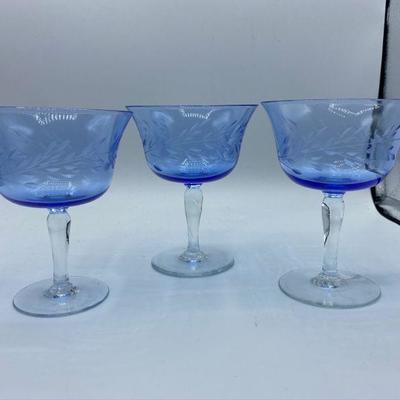 3 Flower Etched Blue Glass Footed Dessert Bowls
