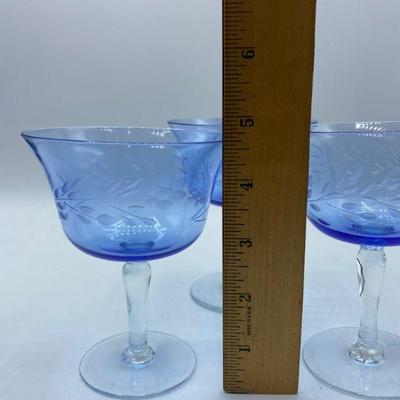 3 Flower Etched Blue Glass Footed Dessert Bowls
