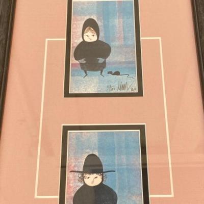 Set of 2 prints, framed by P. Buckley Moss, limited and signed. Amish or Menonite dressed in black boy and girl w/ black cat