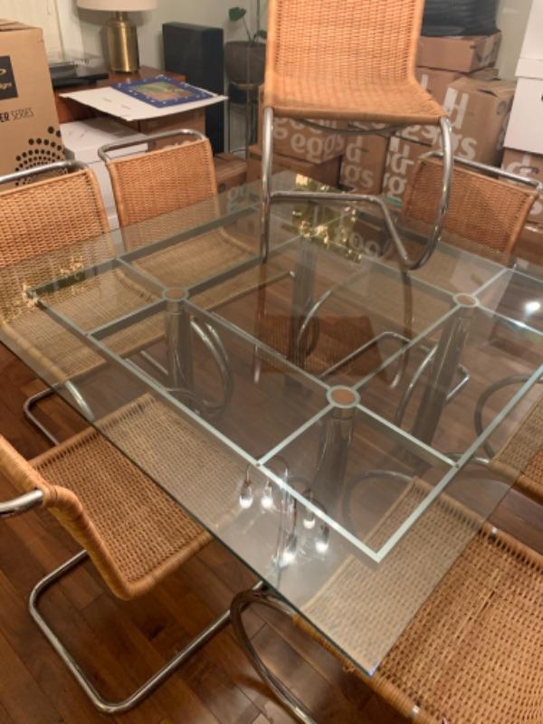 54. Mid Century Glass and Chrome Dining Table with 8 Rattan and