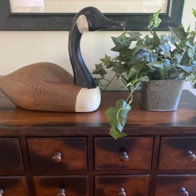 154: Wooden Goose Decoy with Faux Plant 