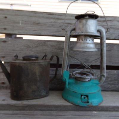 LOT 225  ANTIQUE LANTERN & OIL OR GAS PAIL. (SG)