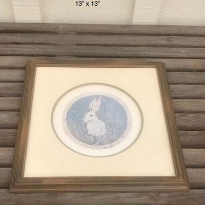 Framed Limited Edition Print 306/1000, 13 x 13 inches, White Bunny Rabbit, round image, square frame