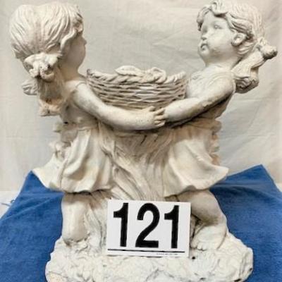 LOT#R121: 2 Girls Holding Basket Yard Statue