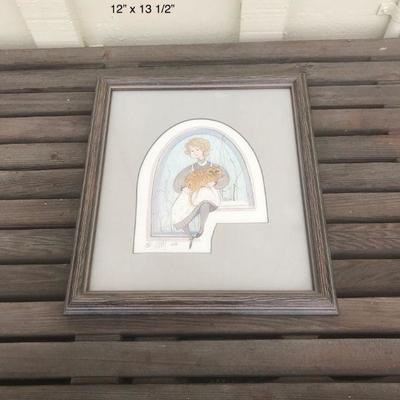 Vintage 1982 P Buckley Moss - Lady / Girl with orange cat on lap - limited ed., signed, framed, 805/1000  12