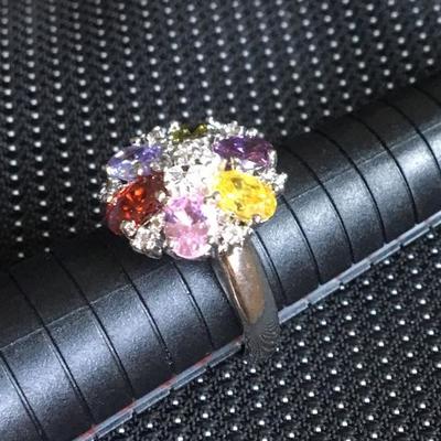 Sterling Silver Ring Size 9.5 with Multi Colored Round Stones Lot #9