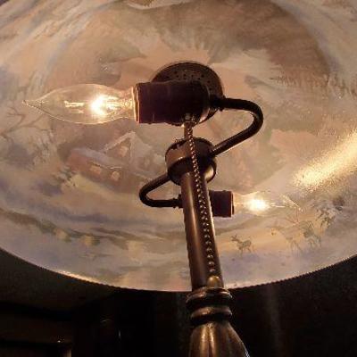Reverse Painted Lamp - Woodland / Mountain scene - Glass Shade with Heavy base - STUNNING & ONE OF A KIND - Unsigned