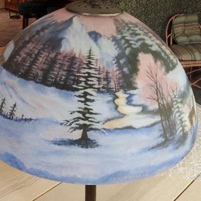Reverse Painted Lamp - Woodland / Mountain scene - Glass Shade with Heavy base - STUNNING & ONE OF A KIND - Unsigned