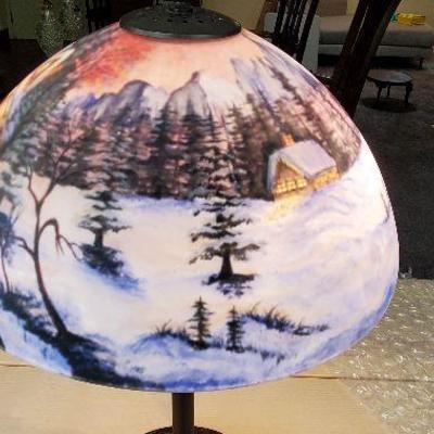 Reverse Painted Lamp - Woodland / Mountain scene - Glass Shade with Heavy base - STUNNING & ONE OF A KIND - Unsigned