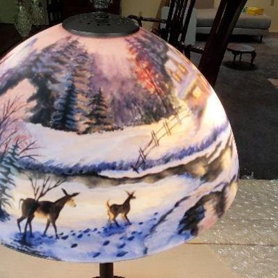 Reverse Painted Lamp - Woodland / Mountain scene - Glass Shade with Heavy base - STUNNING & ONE OF A KIND - Unsigned