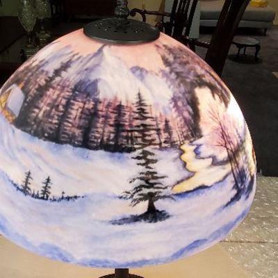 Reverse Painted Lamp - Woodland / Mountain scene - Glass Shade with Heavy base - STUNNING & ONE OF A KIND - Unsigned