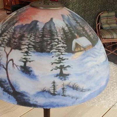 Reverse Painted Lamp - Woodland / Mountain scene - Glass Shade with Heavy base - STUNNING & ONE OF A KIND - Unsigned