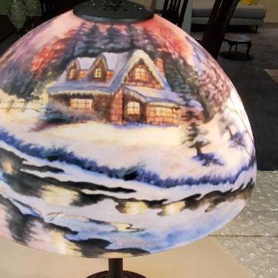 Reverse Painted Lamp - Woodland / Mountain scene - Glass Shade with Heavy base - STUNNING & ONE OF A KIND - Unsigned