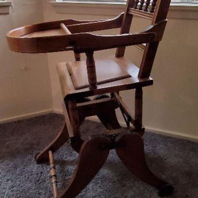 Antique Rocking Chair, High Chair, Victorian Wooden Metamorphic Chair, Antique Rocker, Baby Chair, Old Chair, Old Rocker For Babies, Rocker 