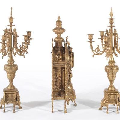 Ornate Imperial Brass Three Piece Clock Garniture Set - Made in Italy