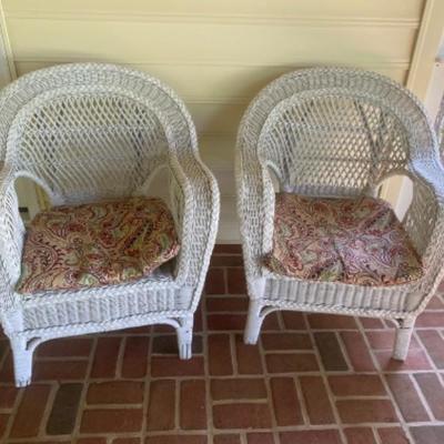 228: Pair of White Wicker Armchairs with Cushions 
