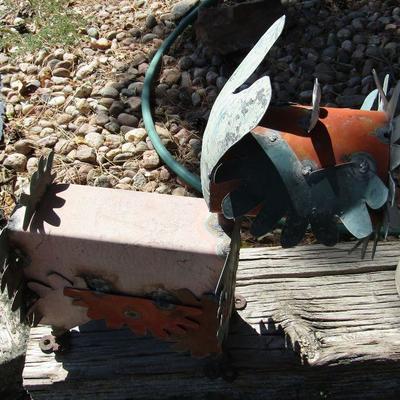 Y-33  TIN DOGGY AND METAL LADY YARD ART